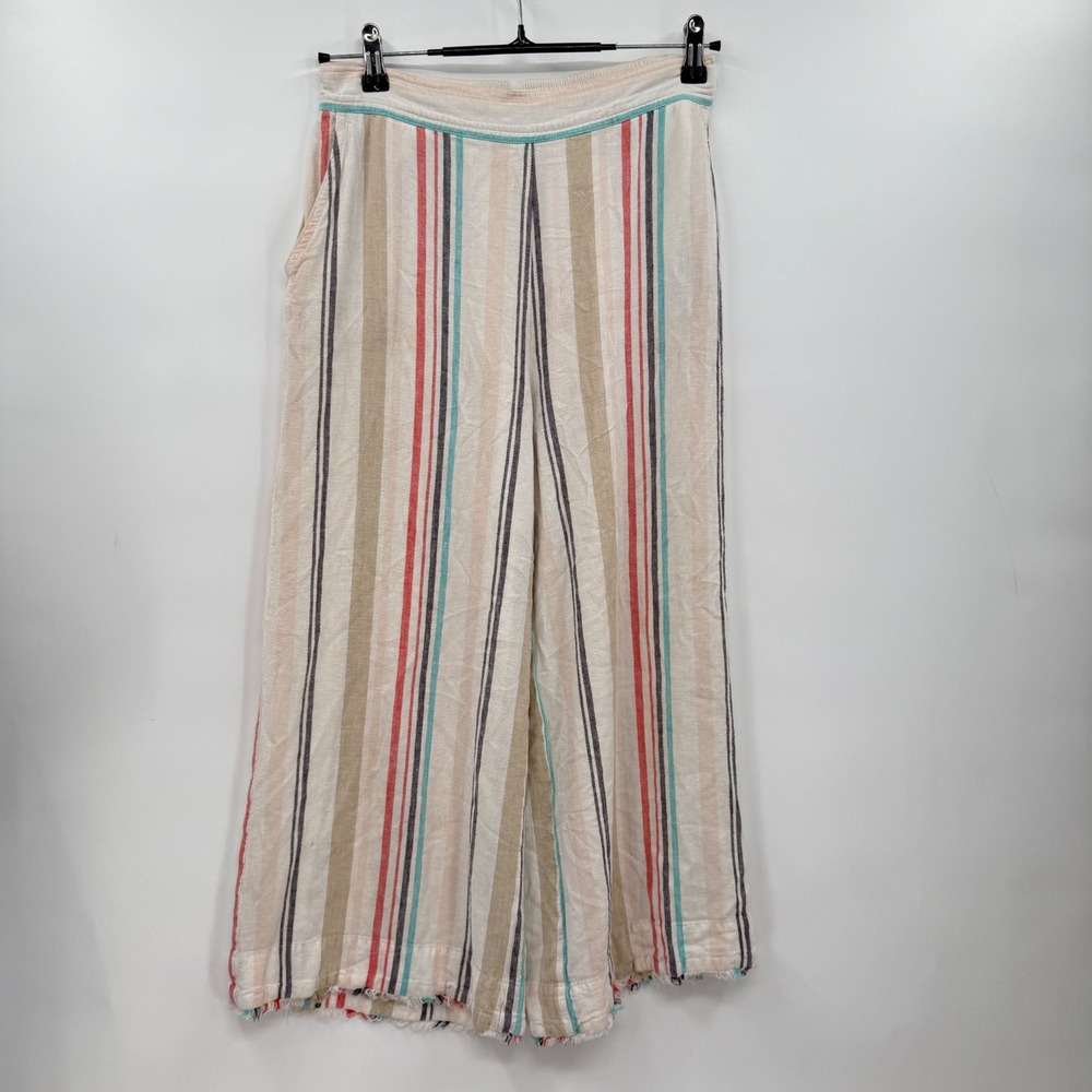 Cloth & Stone S Wide Leg Pants Women Cream Striped Linen Blend‎ Frayed Hem C3089